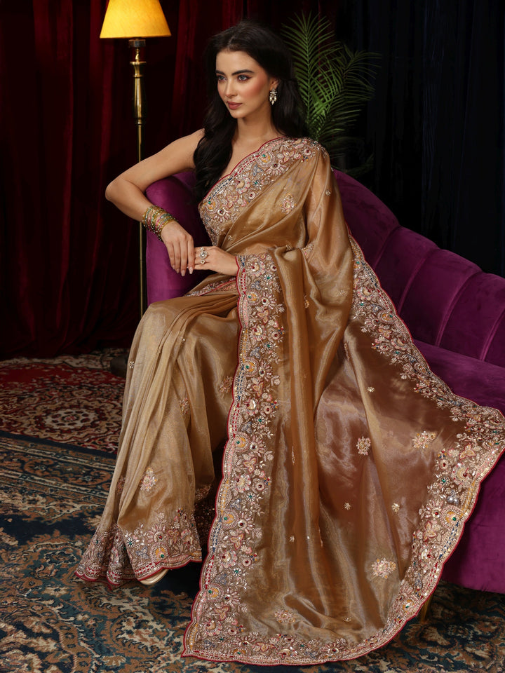 Libas Art Taupe Brown Sequin Tissue Saree with Floral Embroidered Border