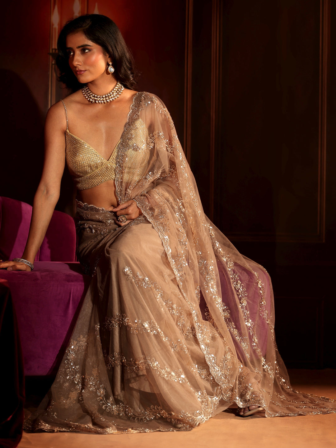 Libas Art Taupe Embellished Net Saree