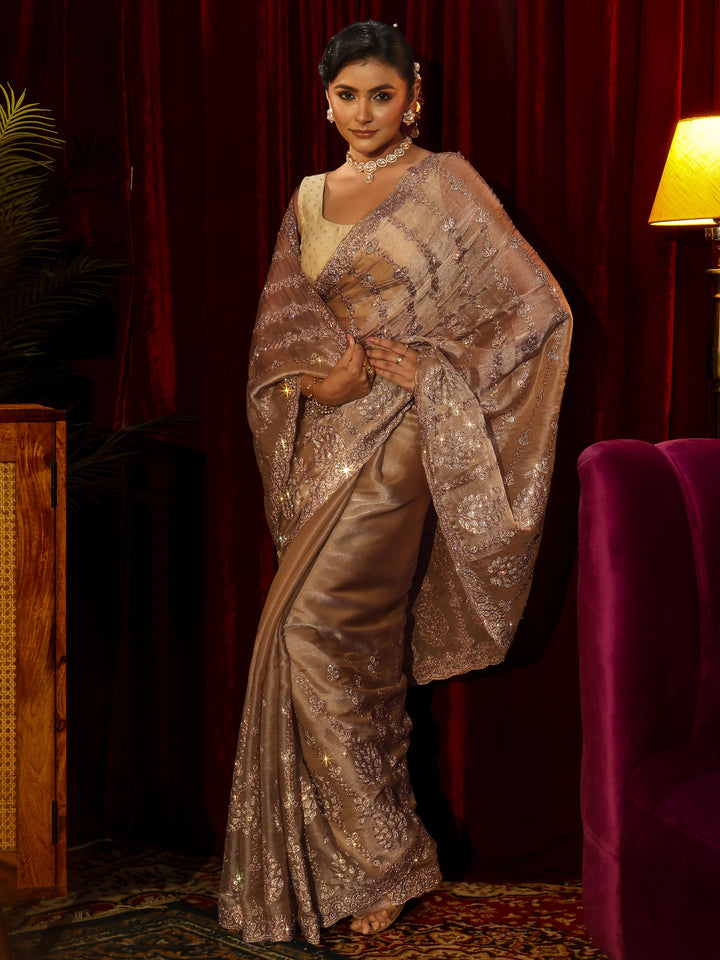 Libas Art Taupe Embellished Tissue Saree