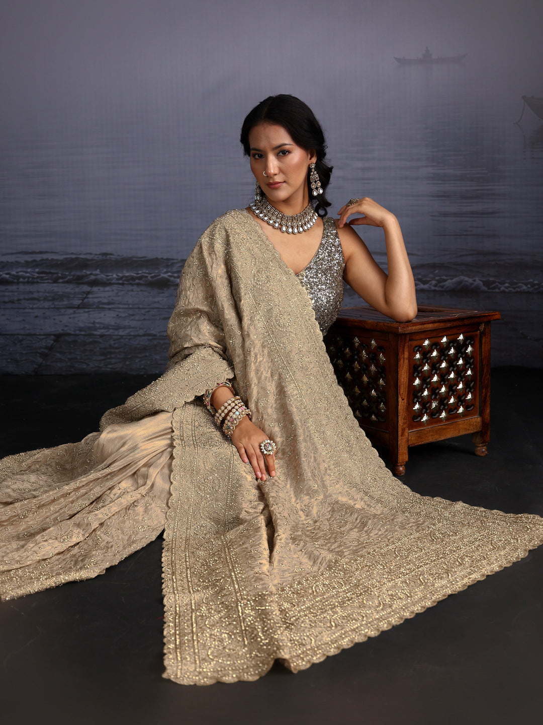 Libas Art Taupe Grey Bead and Stone Embellished Silk Blend Saree