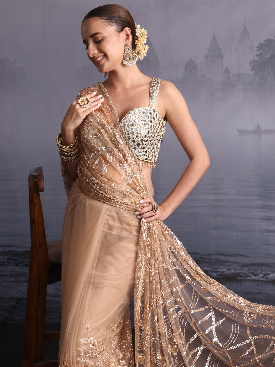 Libas Art Taupe Sequin Embellished Net Saree