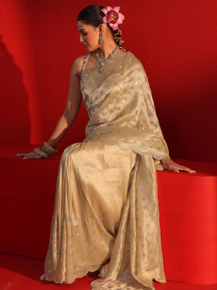 Libas Art Taupe Stone Work Embellished Tissue Saree
