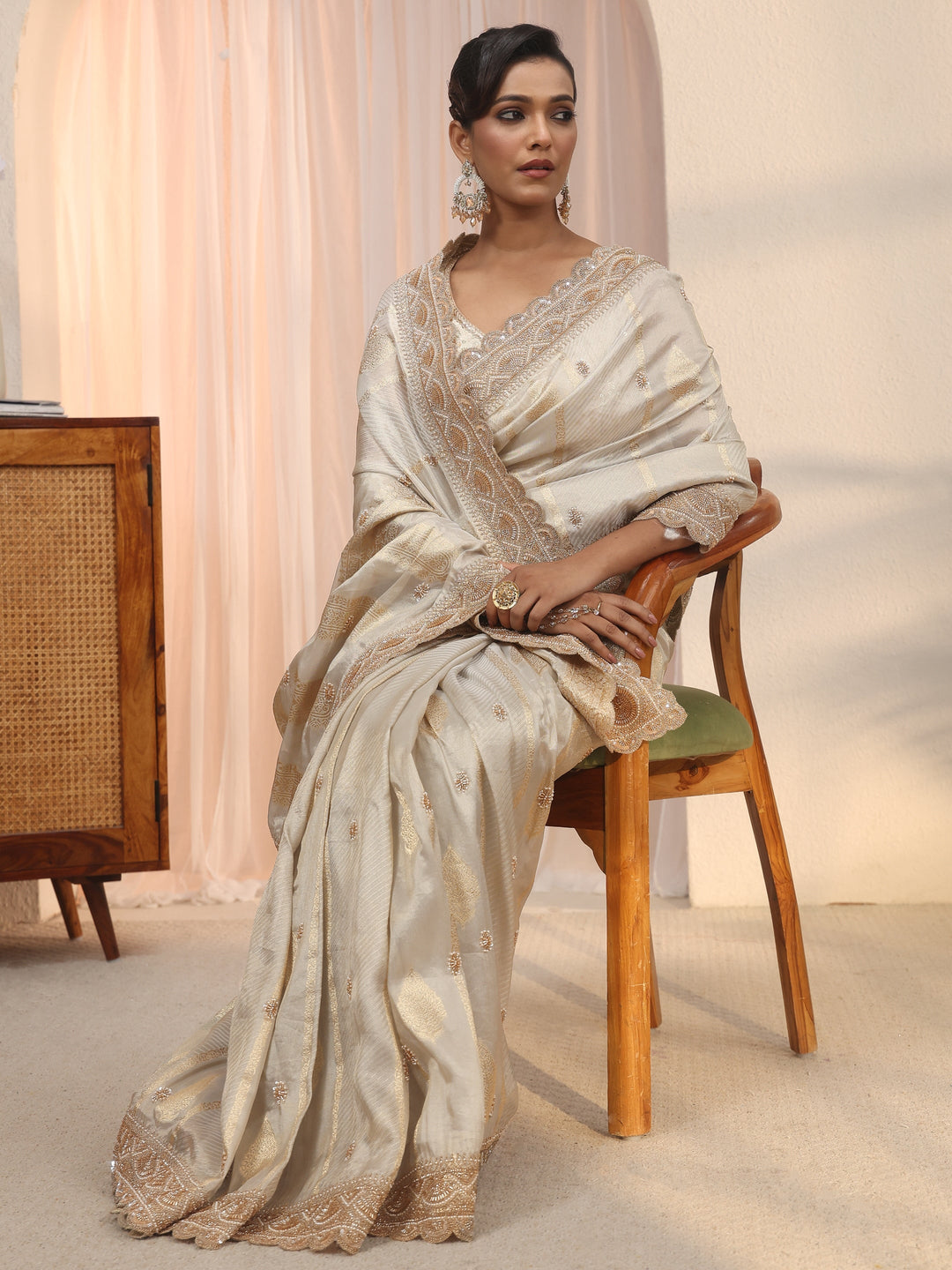 Libas Art Taupe Woven Design Tissue Saree with Embellished Border