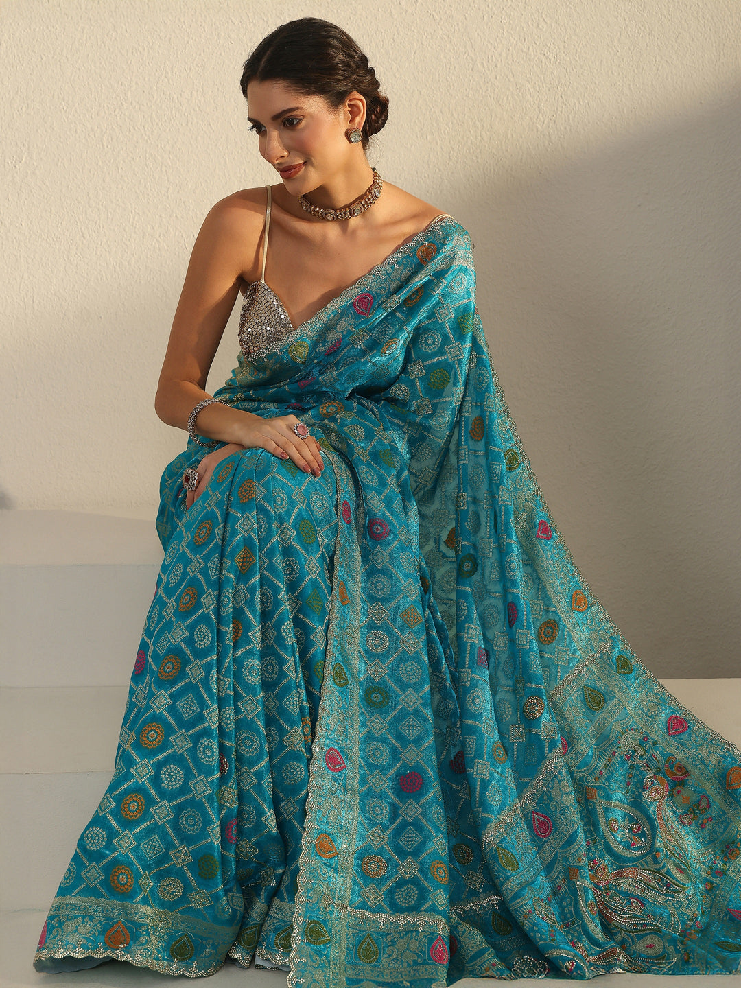 Libas Art Teal Blue Bandhani Embellished Chiffon Saree