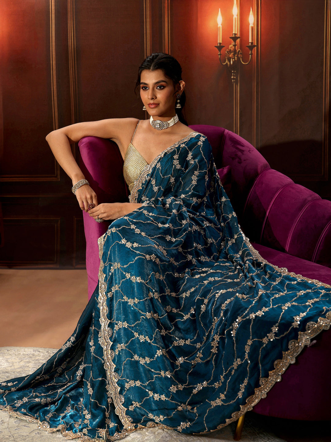 Libas Art Teal Blue Embellished Tissue Saree