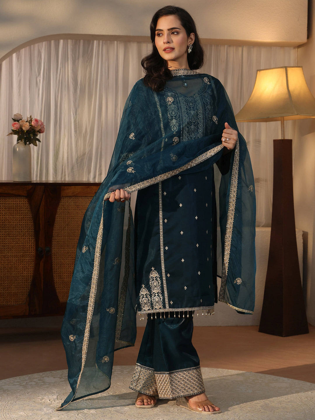 Libas Art Teal Blue Embroidered Crepe Palazzo Suit Set