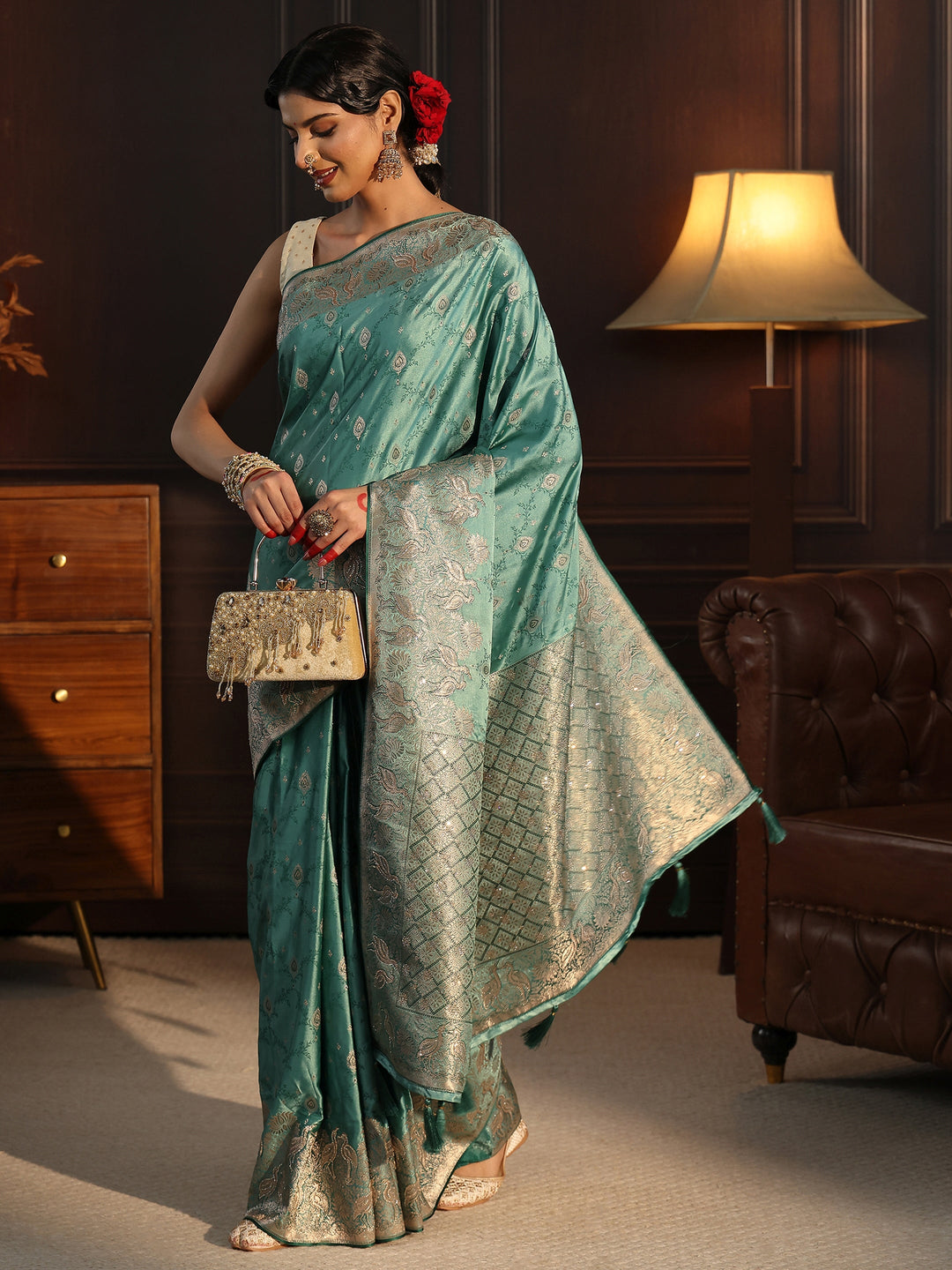 Libas Art Teal Blue Ethnic Woven Design Satin Saree