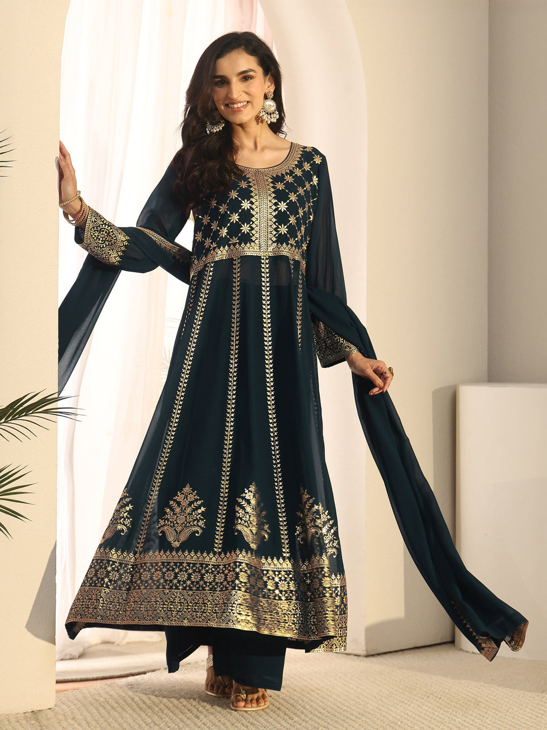 Libas Art Teal Blue Floral Embroidered Georgette Anarkali Suit Set