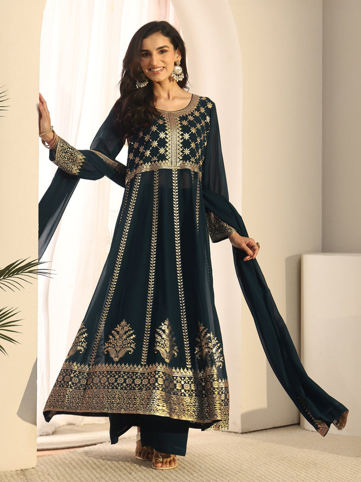 Libas Art Teal Blue Floral Embroidered Georgette Anarkali Suit Set