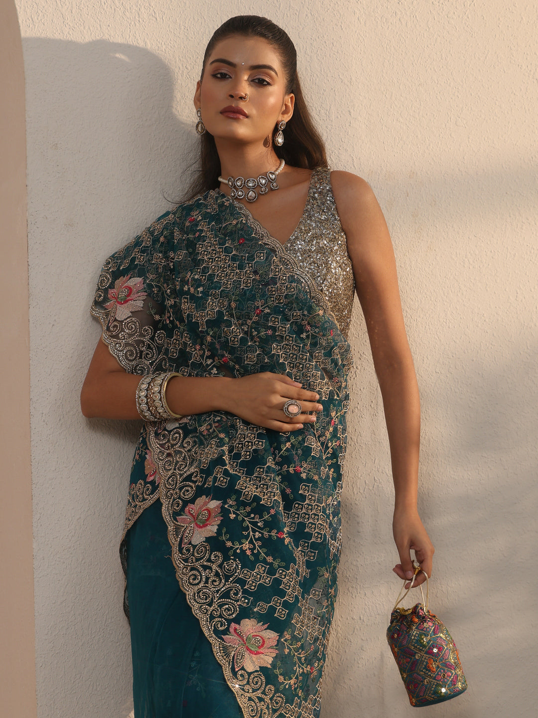 Libas Art Teal Blue Floral Embroidered Stone Work Net Saree