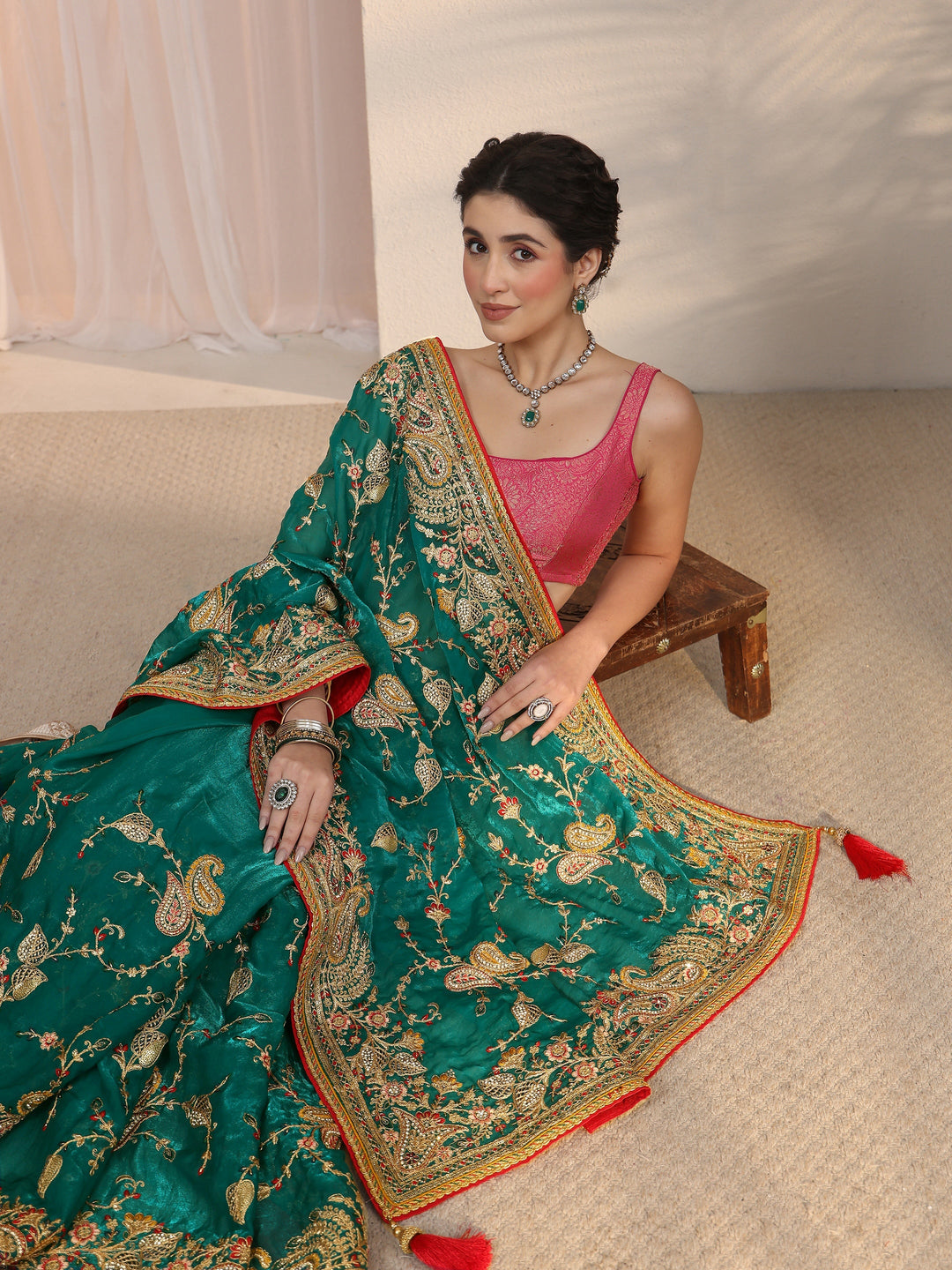 Libas Art Teal Blue Floral Embroidered Tissue Saree