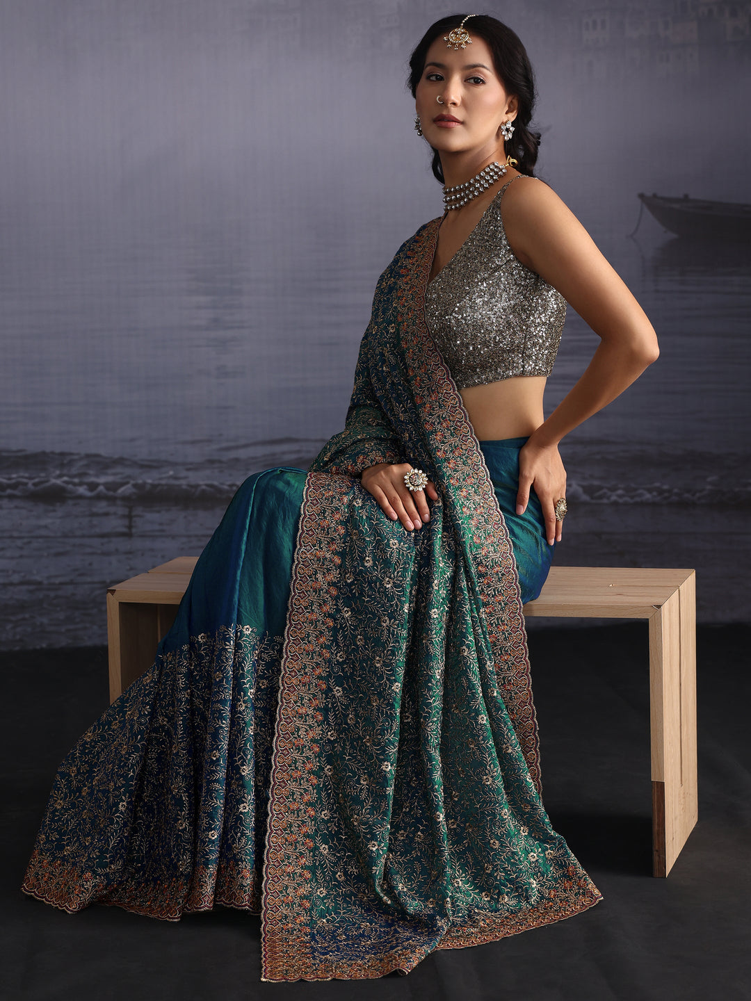 Libas Art Teal Blue Floral Embroidered Tissue Saree with Scalloped Border