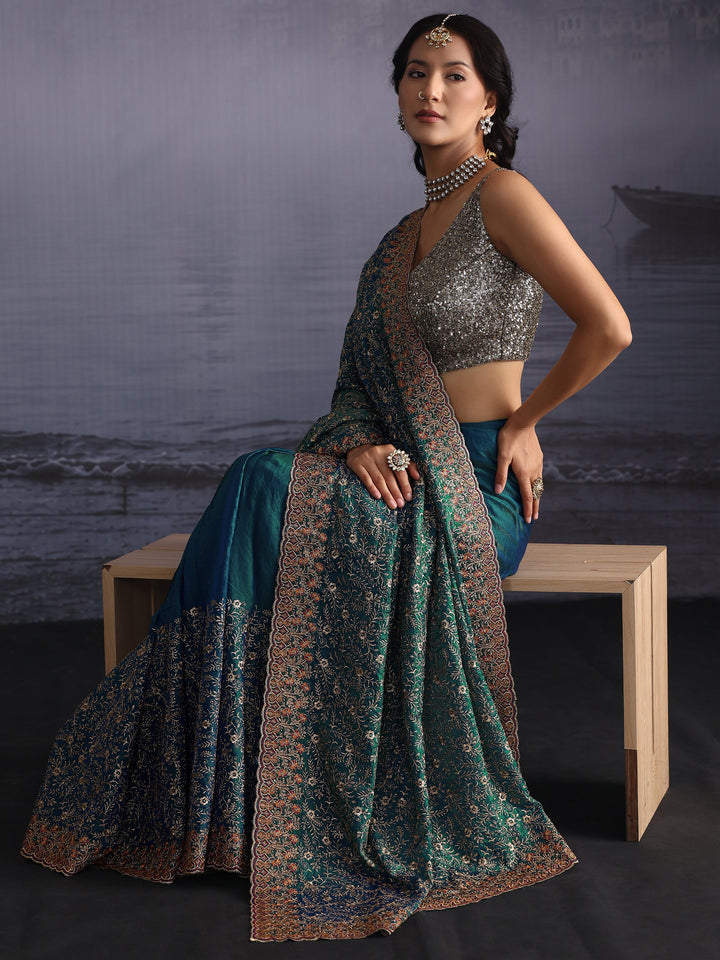 Libas Art Teal Blue Floral Embroidered Tissue Saree with Scalloped Border