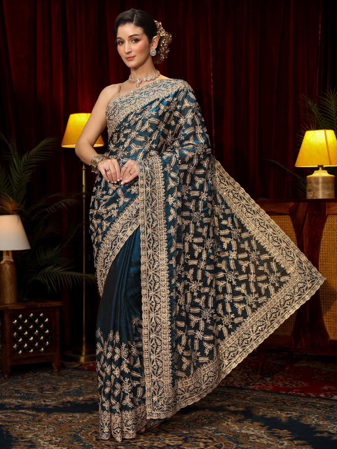 Libas Art Teal Blue Leafy Zari Embroidered Tissue Saree