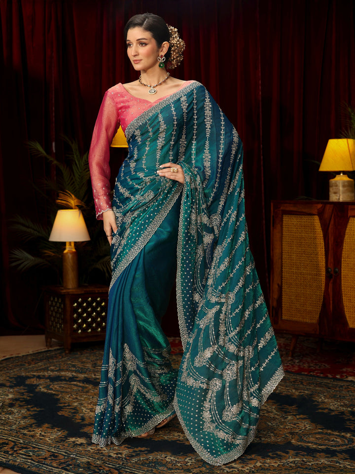 Libas Art Teal Blue Sequin Embellished Tissue Saree