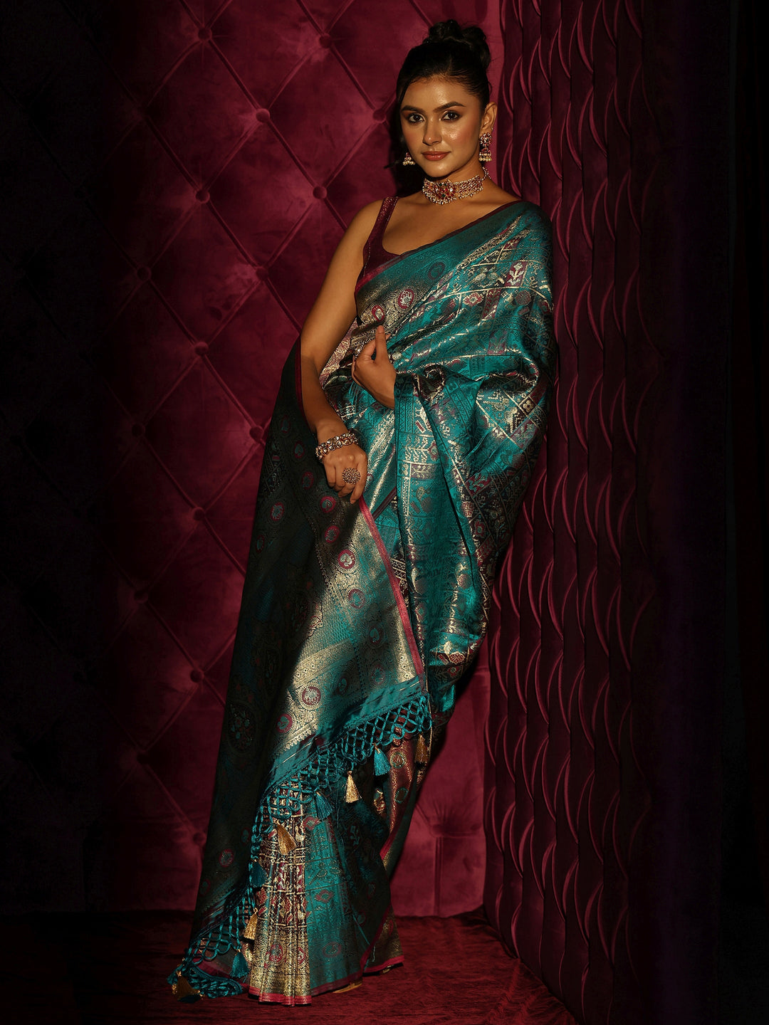 Libas Art Teal Blue Woven Design Silk Blend Tassel Saree