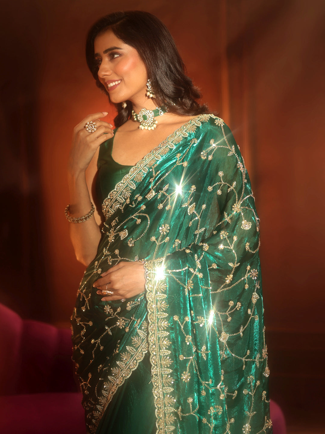 Libas Art Teal Green Floral Embellished Tissue Saree
