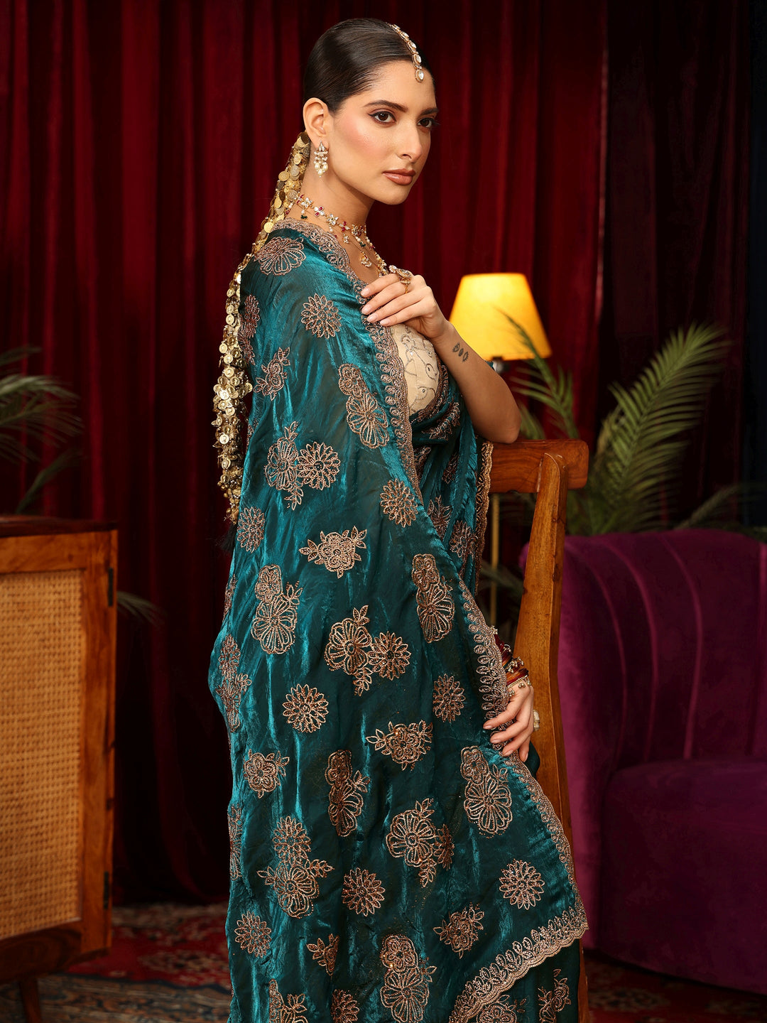 Libas Art Teal Green Floral Embellished Tissue Saree