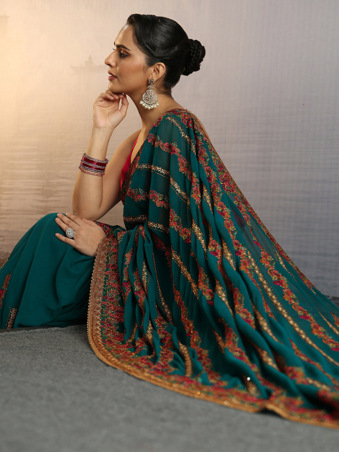 Libas Art Teal Green Floral Embroidered Stone Work Georgette Saree