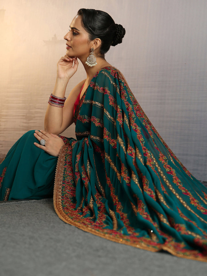 Libas Art Teal Green Floral Embroidered Stone Work Georgette Saree