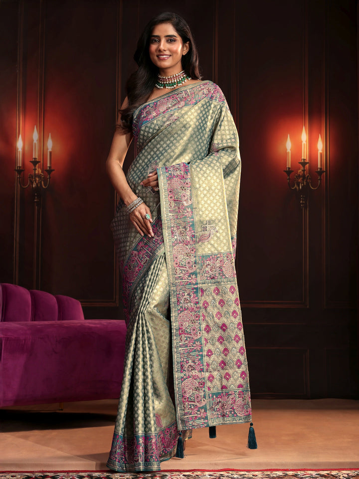 Libas Art Teal Green Woven Design Silk Blend Saree