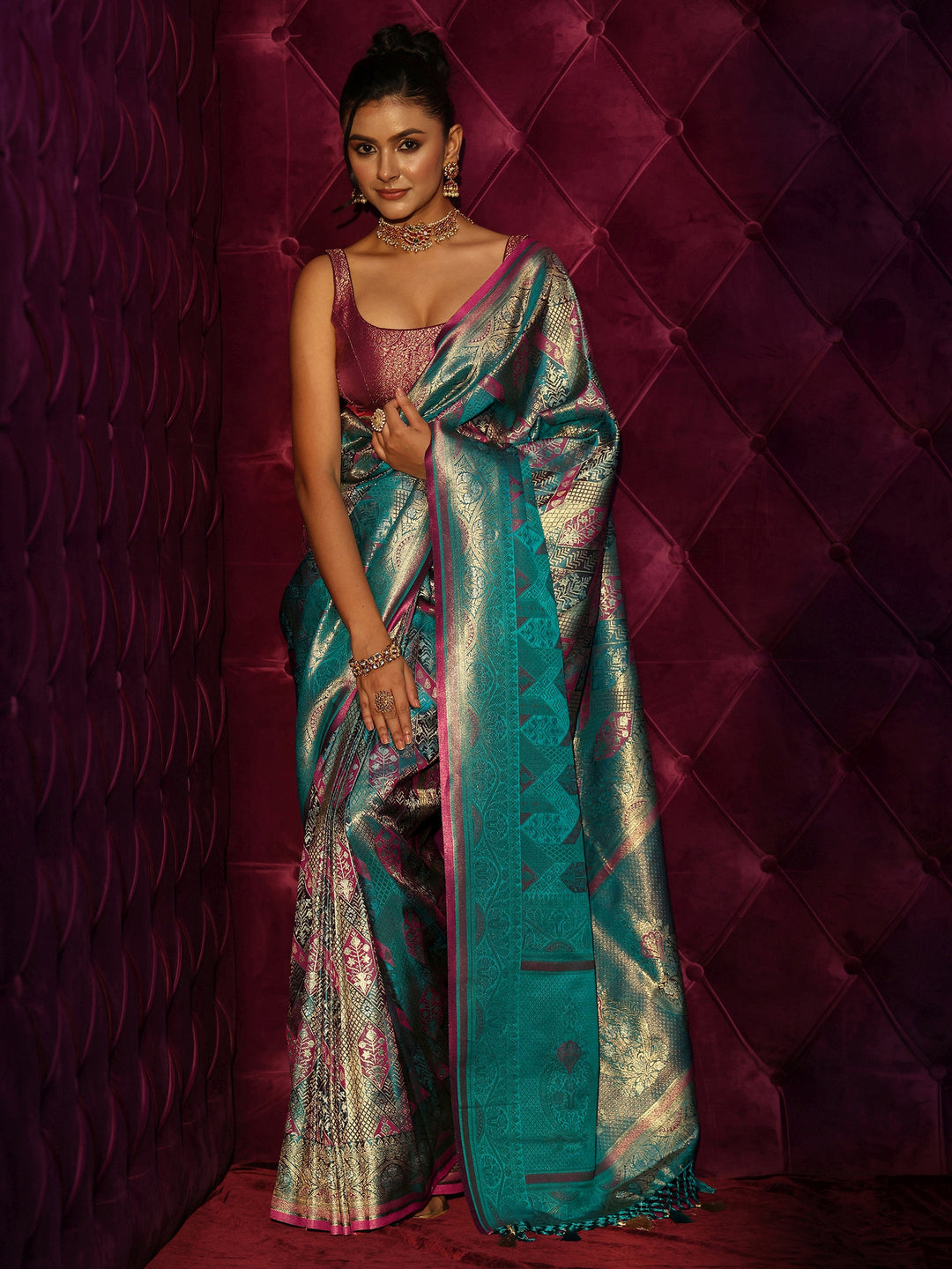 Libas Art Teal Green Woven Design Silk Blend Saree
