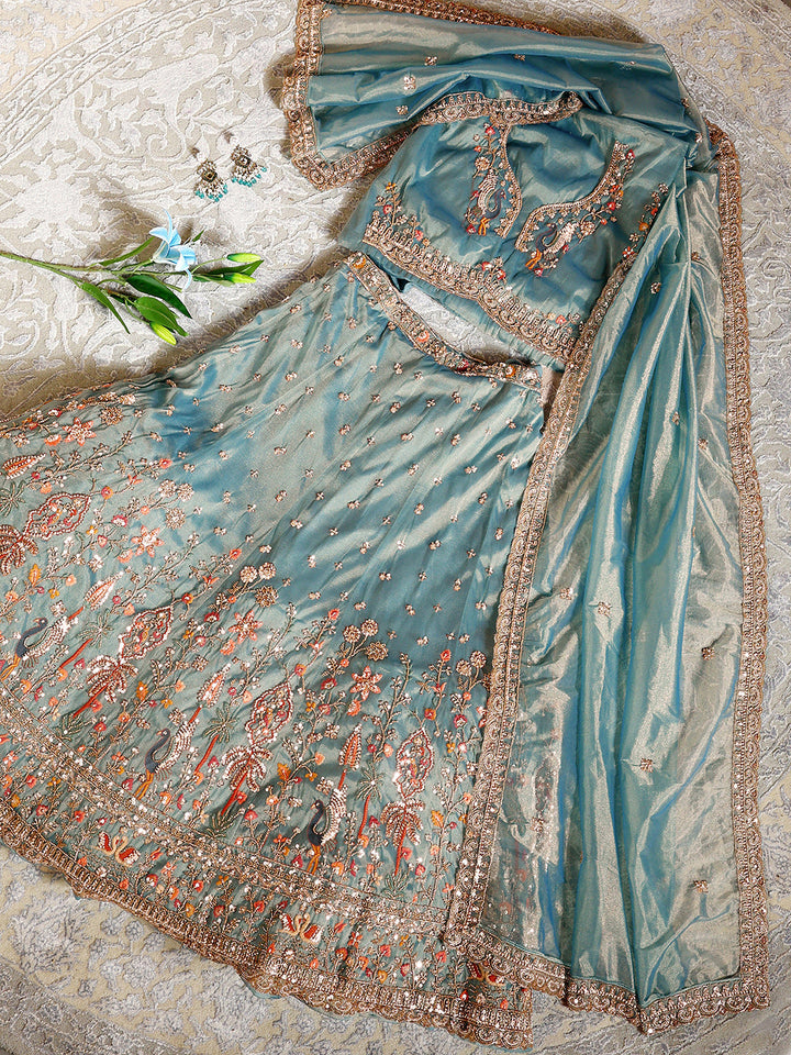 Libas Art Turquoise Blue Floral Embellished Net Unstitched Lehenga Set