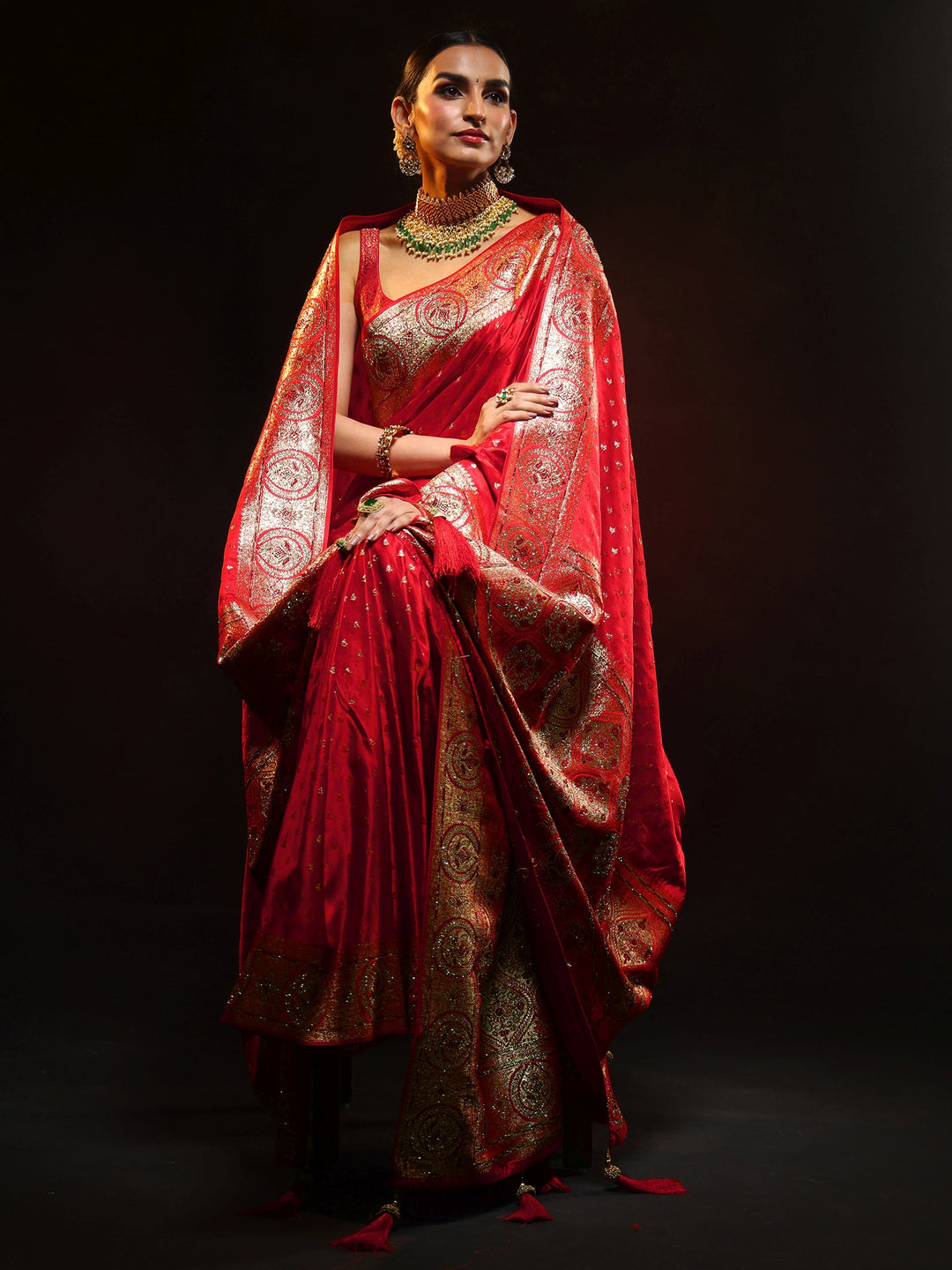Libas Art Vermilion Red Embellished Banarasi Silk Blend Saree with Dupatta