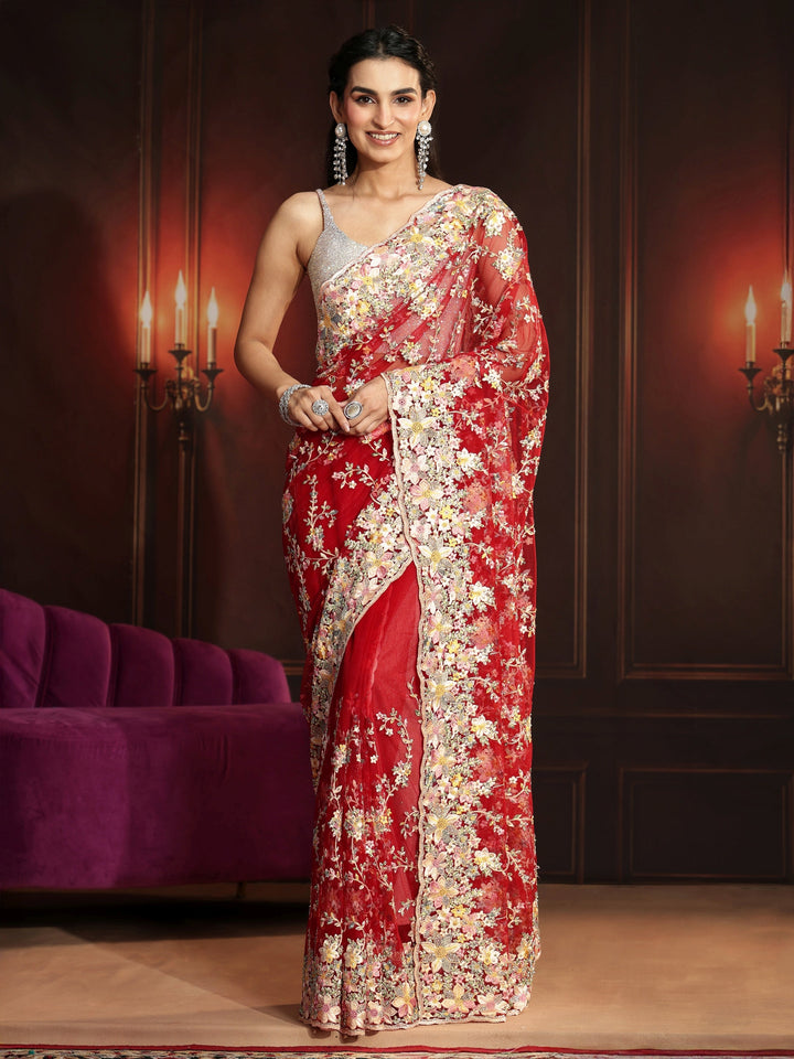 Libas Art Vermilion Red Floral Embroidered Net Saree