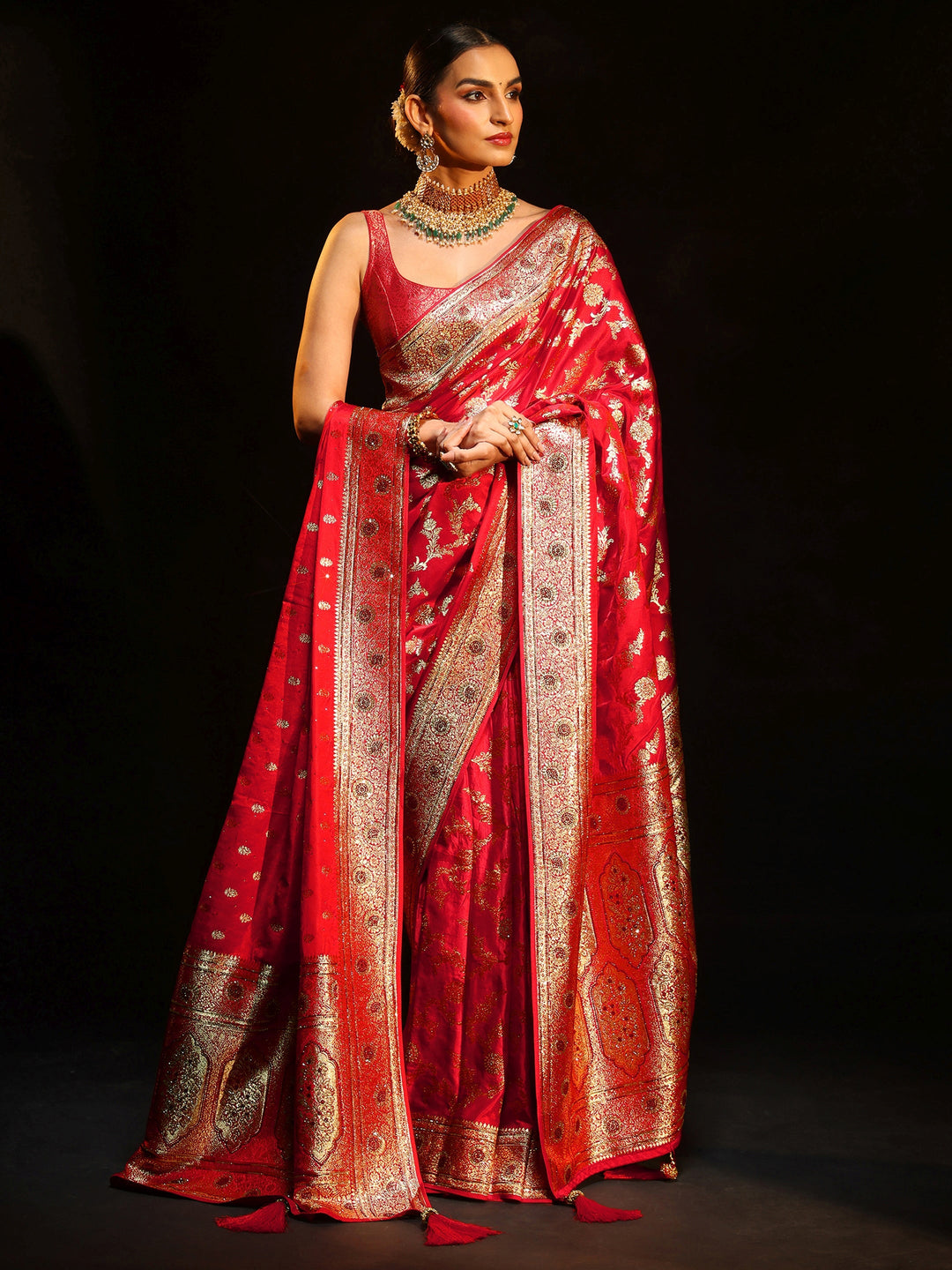 Libas Art Vermillion Red Floral Design Banarasi Silk Blend Saree with Dupatta