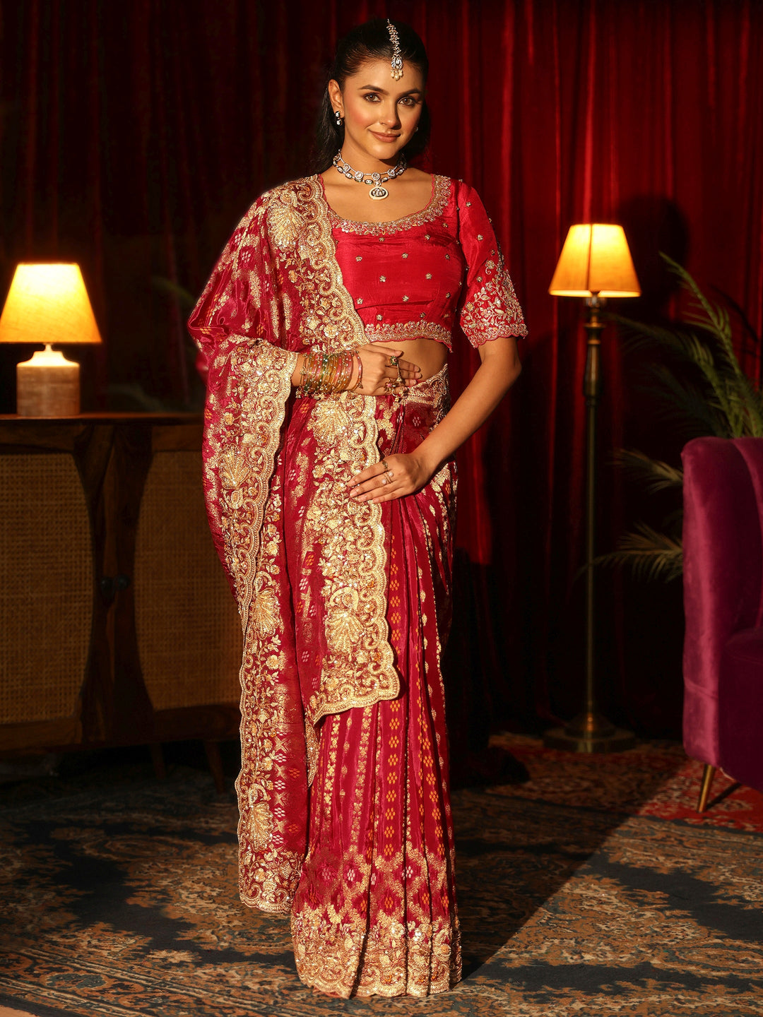 Libas Art Vermillion Red Woven Design Silk Blend Saree with Embellished Border