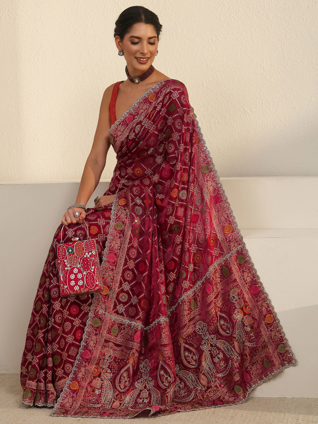 Libas Art Wine Bandhani Embellished Chiffon Saree