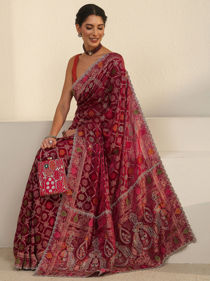 Libas Art Wine Bandhani Embellished Chiffon Saree