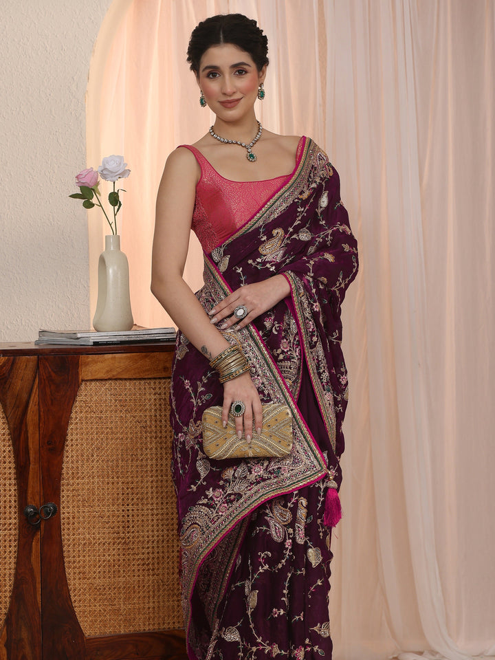 Libas Art Wine Floral Embroidered Tissue Saree