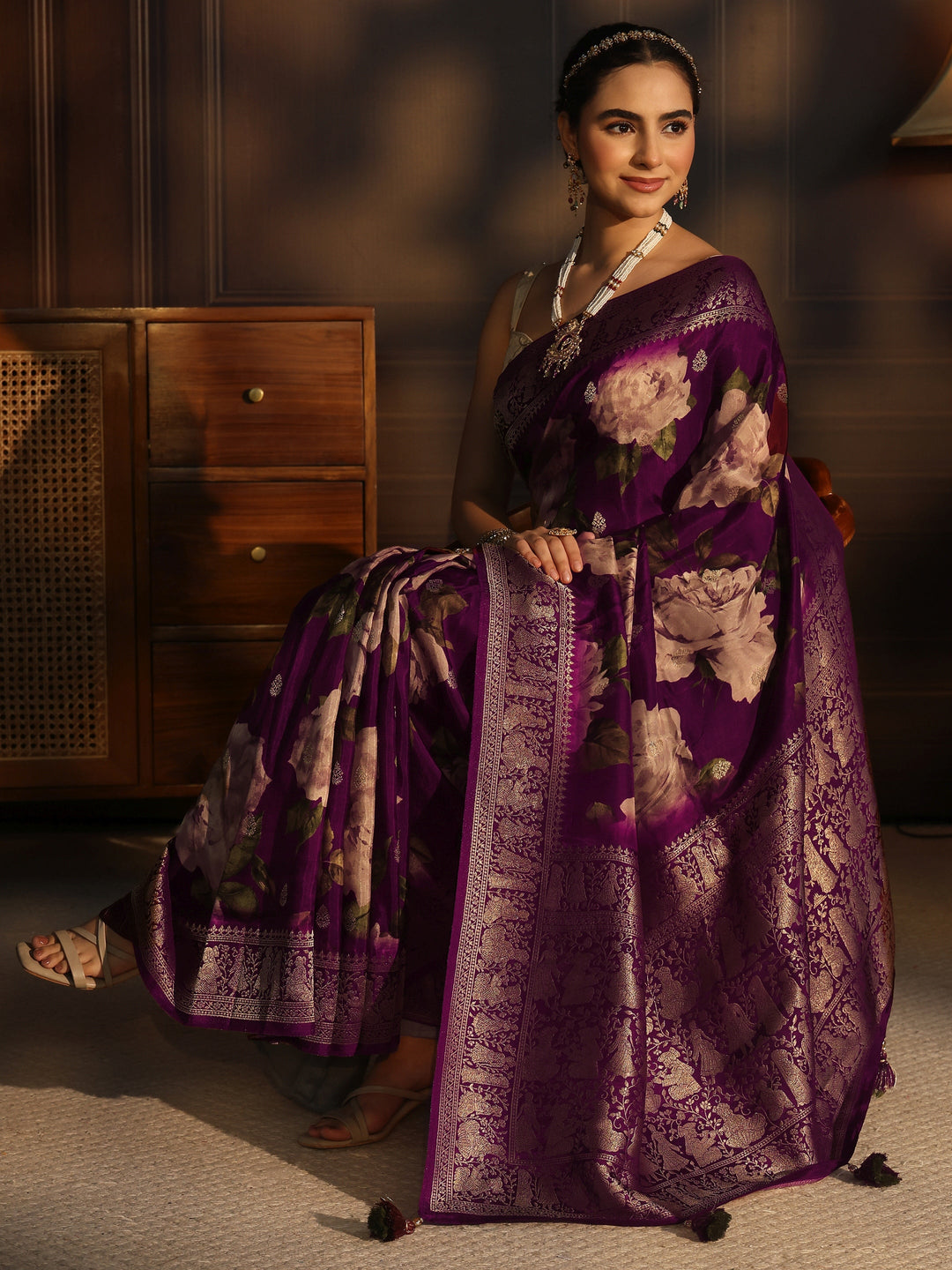 Libas Art Wine Floral Printed Silk Blend Saree with Woven Border