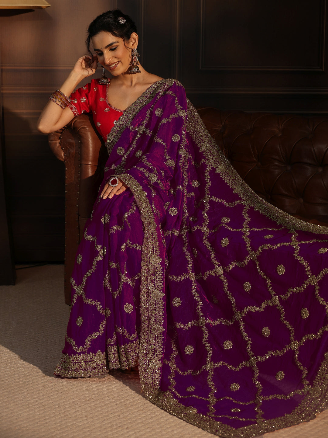 Libas Art Wine Floral Zari Embroidered Tissue Saree