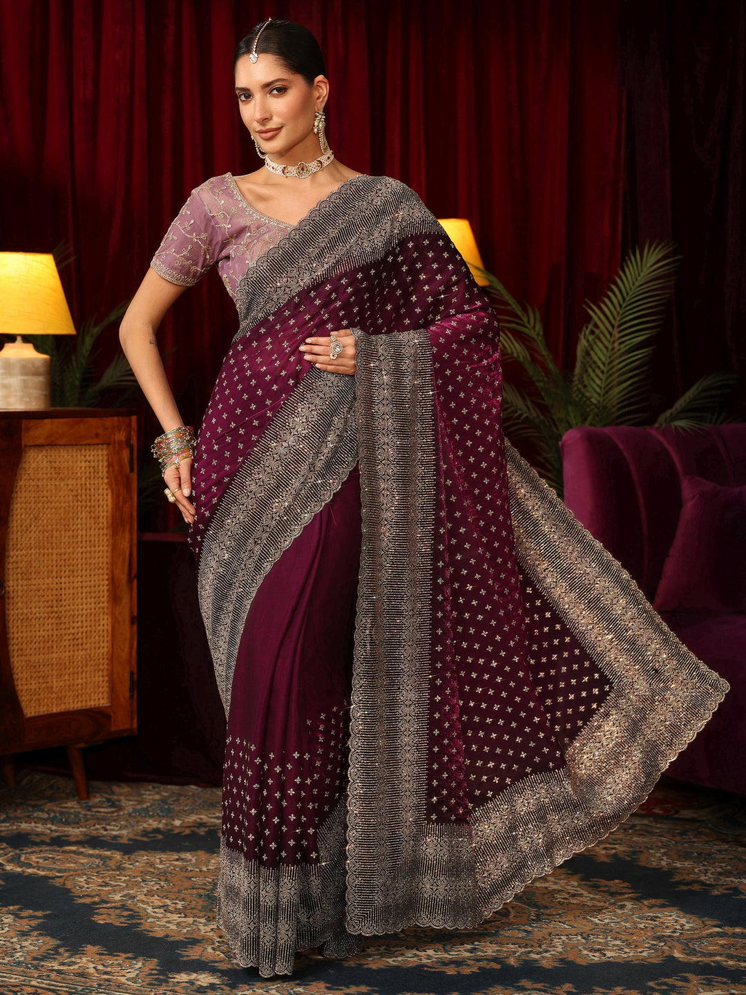 Libas Art Wine Stone Work Embellished Tissue Saree