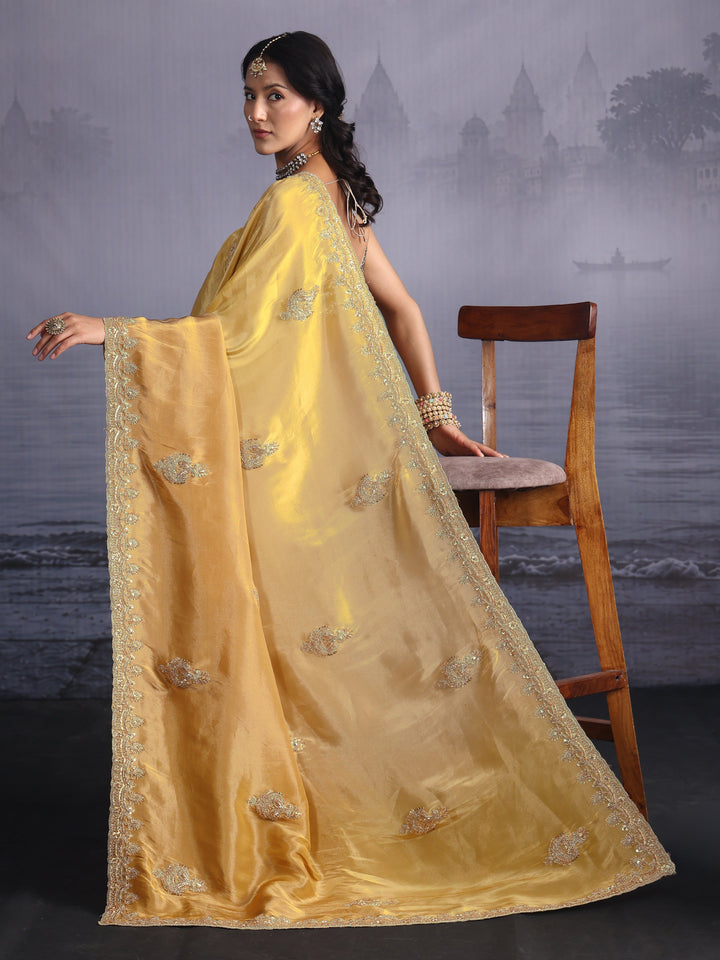 Libas Art Yellow Bead Embellished Silk Blend Saree