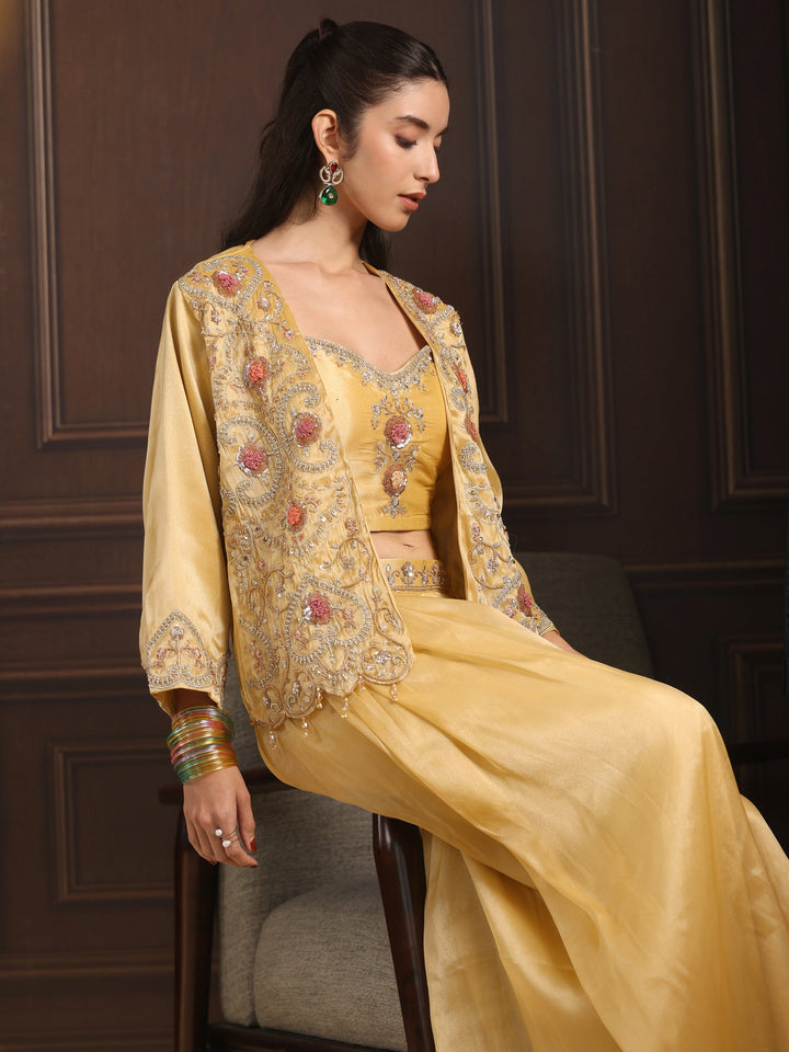 Libas Art Yellow Embellished Jacket and Palazzo Tissue Co-Ord Set