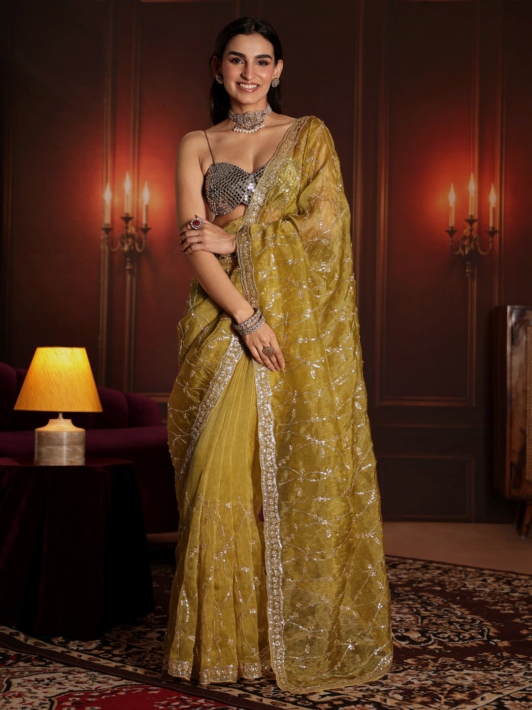 Libas Art Yellow Embellished Tissue Saree