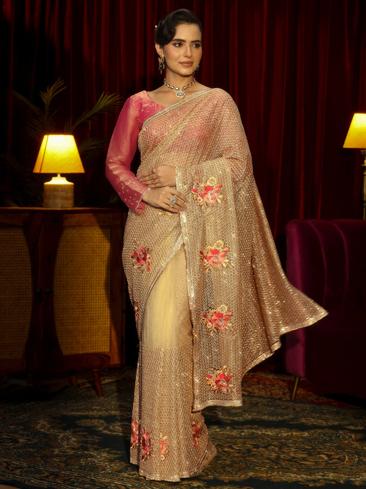 Libas Art Yellow Floral Embellished Net Saree