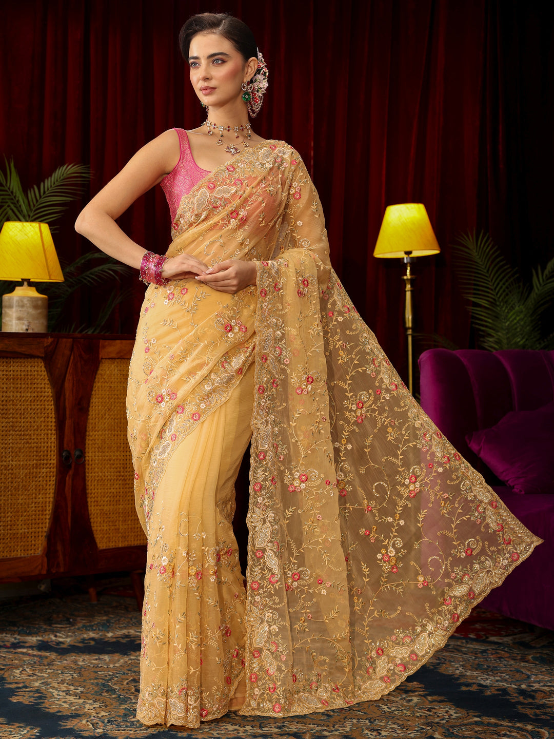 Libas Art Yellow Floral Embroidered Organza Saree