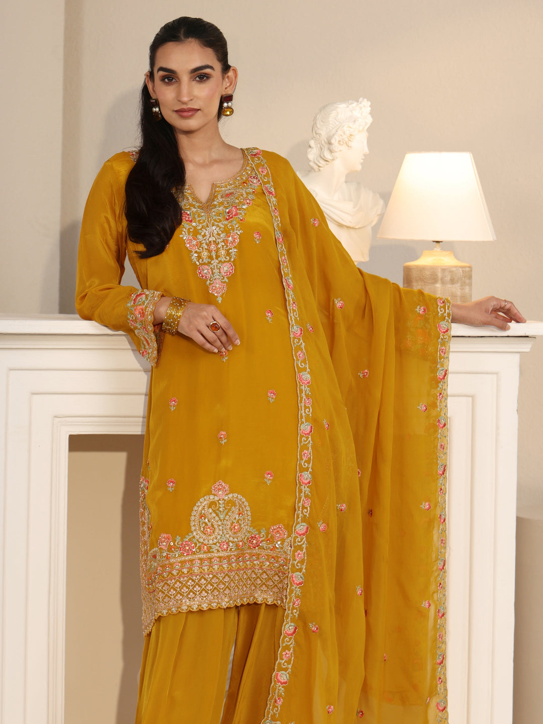 Libas Art Yellow Floral Embroidered Organza Straight Suit Set