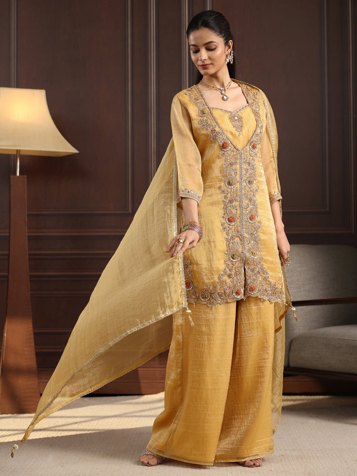 Libas Art Yellow Floral Embroidered Tissue Palazzo Suit Set