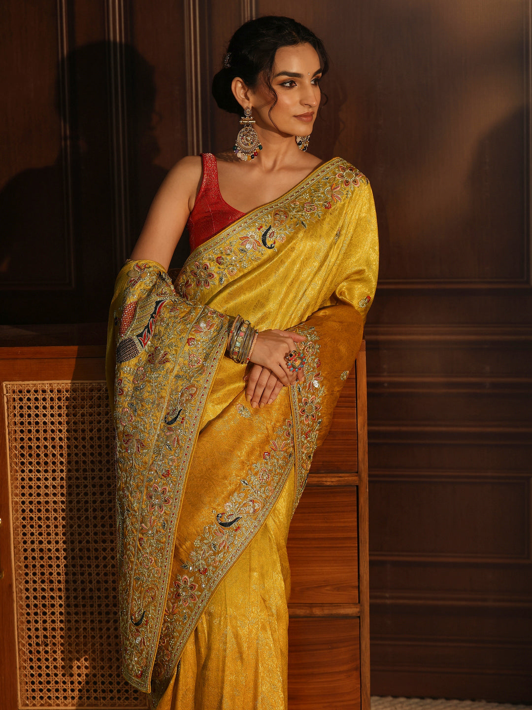 Libas Art Yellow Silk Blend Saree with Embellished Peacock Pallu