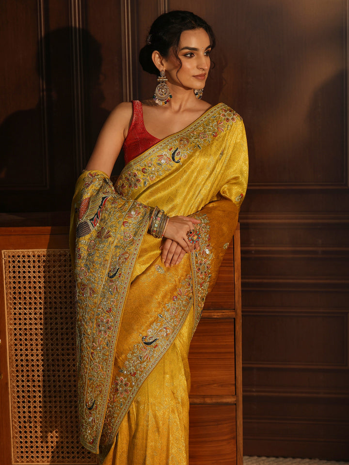 Libas Art Yellow Silk Blend Saree with Embellished Peacock Pallu