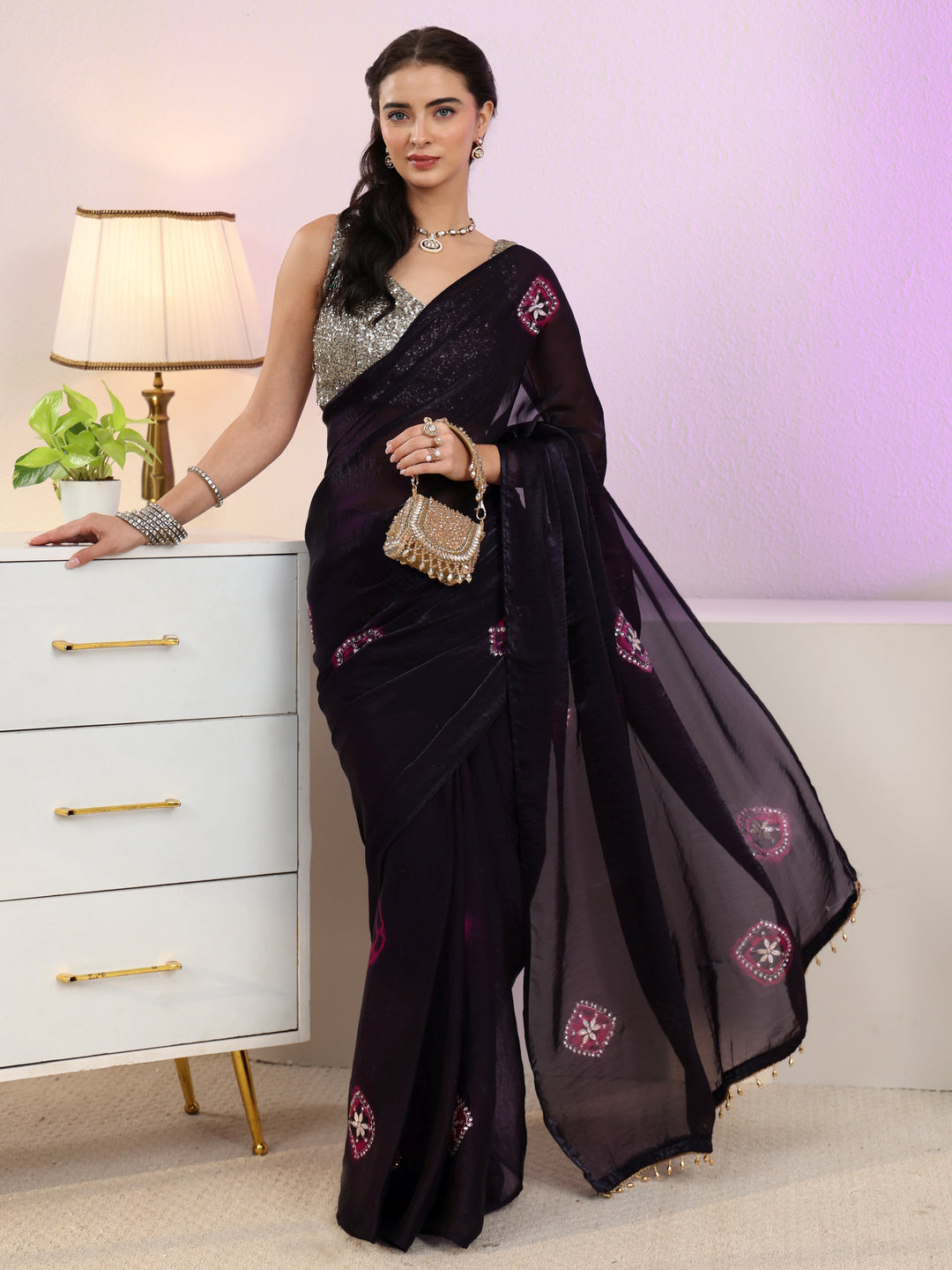 Libas Aubergiene Purple Floral Embroidered Tissue Saree