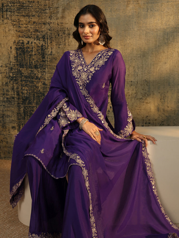 Libas Aubergine Purple Floral Embroidered Chanderi Cotton Palazzo Suit Set