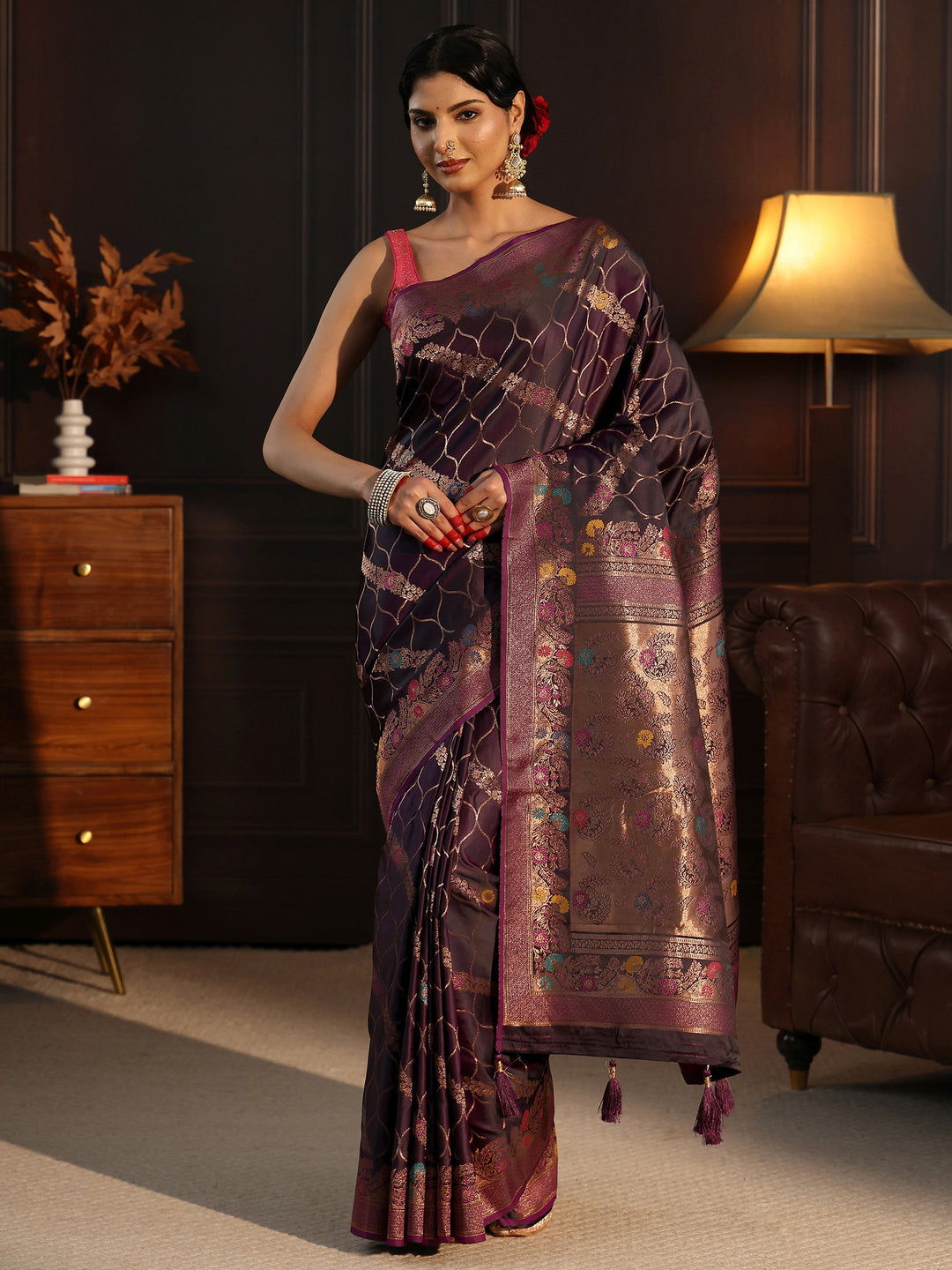Libas Aubergine Purple Floral Woven Design Satin Saree