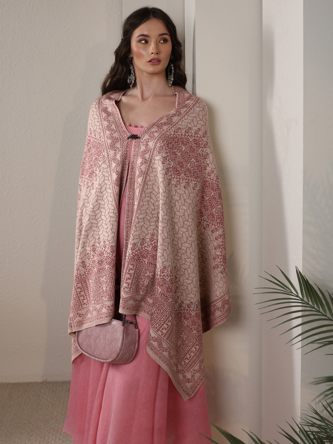 Libas Baby Pink Ethnic Embroidered Acrylic Wrap Shawl